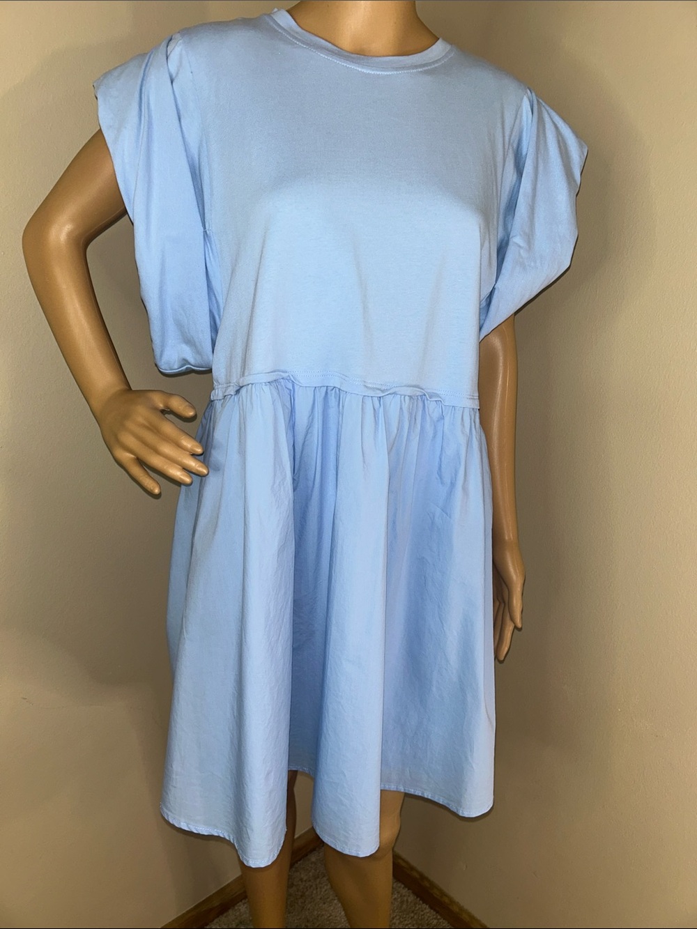 English Factory Pale Blue Asymmetrical Sleeve Babydoll Dress